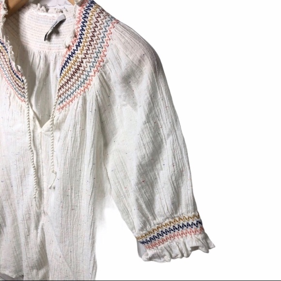 Madewell Rainbow Smocked Peasant Top Size XS Short Sleeve Flecked Color Boho - Picture 6 of 7
